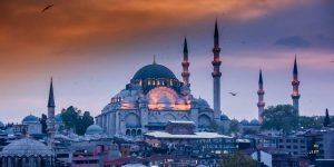 Sunset photo of the Dome of Suleymania Mosque in Istanbul Turkey